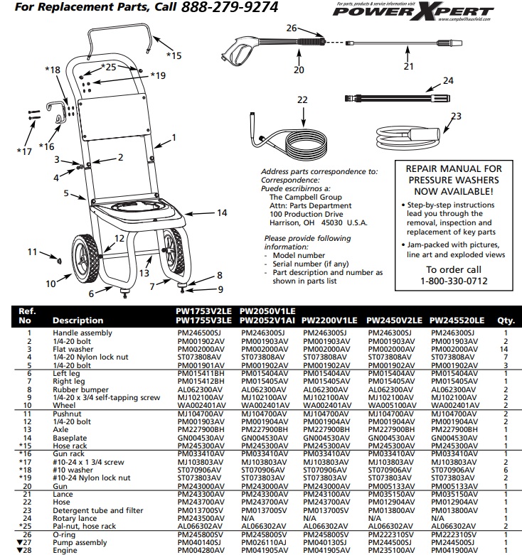Camphell Hausfeld PW1753V2LE pressure washer replacment parts